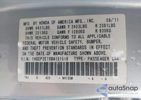 2011 Honda Accord 2.4 Ex from USA, damaged, VIN 1HGCP2E7XBA151016
